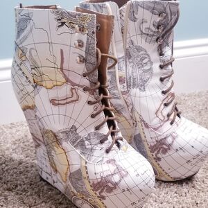 Jeffrey Campbell White Map Print Lace-Up Boots